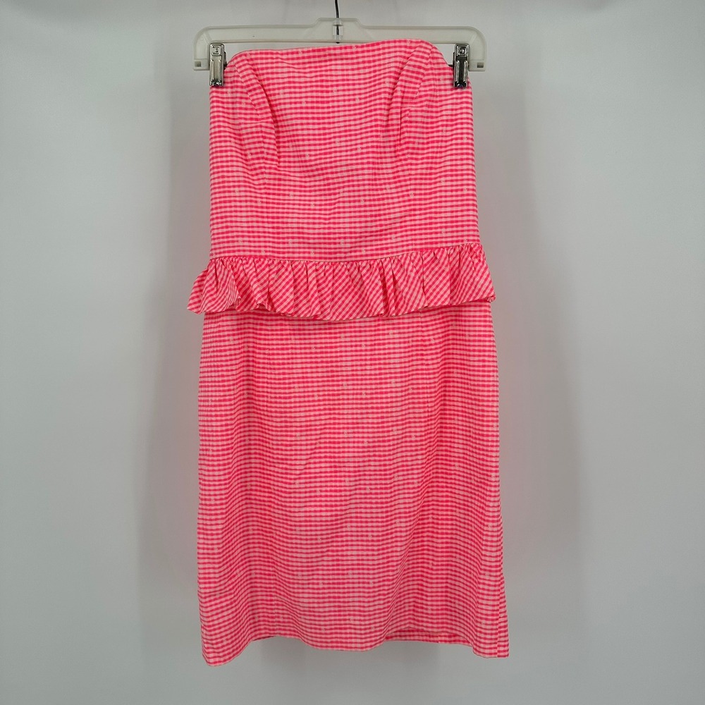 Lilly‎ Pulitzer Lowe Dress Fiesta Pink Gingham Strapless Peplum Size 6 Strapless